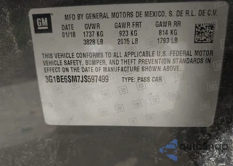 2018 Chevrolet Cruze Lt Auto из США, поврежденный, VIN 3G1BE6SM7JS597499